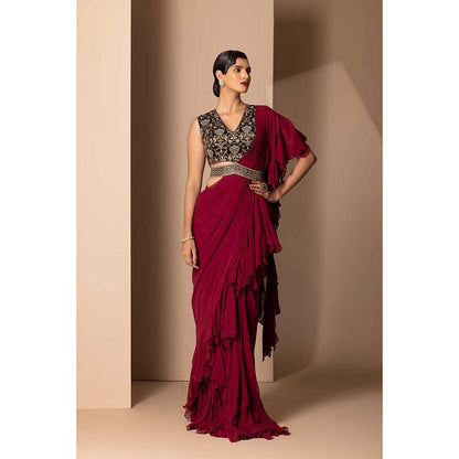 CHHAYA MEHROTRA Maroon Miraya Pre-Draped Saree with Stitched Blouse
