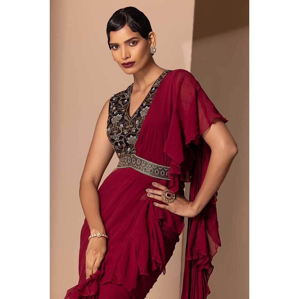 CHHAYA MEHROTRA Maroon Miraya Pre-Draped Saree with Stitched Blouse