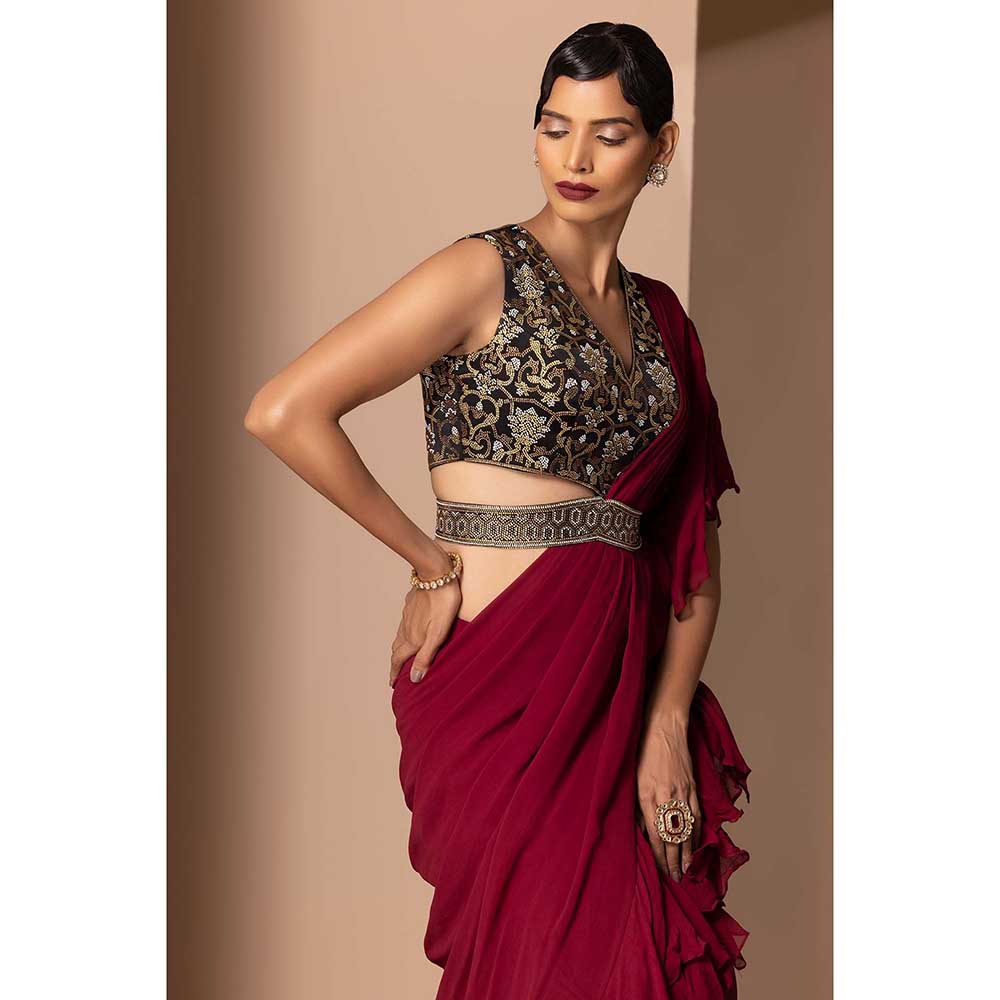 CHHAYA MEHROTRA Maroon Miraya Pre-Draped Saree with Stitched Blouse