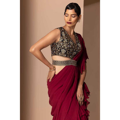 CHHAYA MEHROTRA Maroon Miraya Pre-Draped Saree with Stitched Blouse