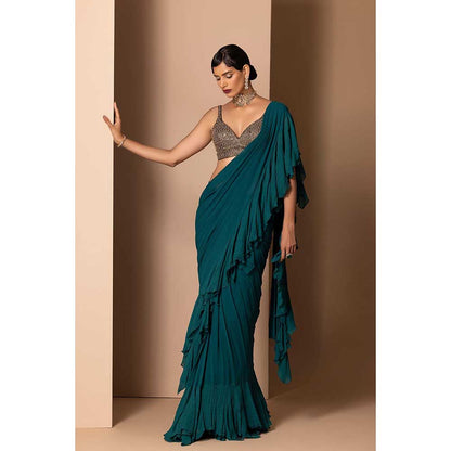 CHHAYA MEHROTRA Teal Nira Pre-Draped Saree with Stitched Blouse