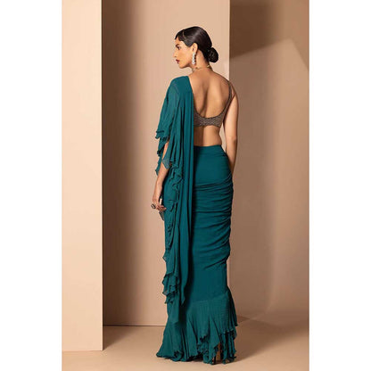 CHHAYA MEHROTRA Teal Nira Pre-Draped Saree with Stitched Blouse