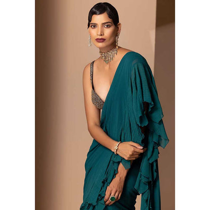 CHHAYA MEHROTRA Teal Nira Pre-Draped Saree with Stitched Blouse