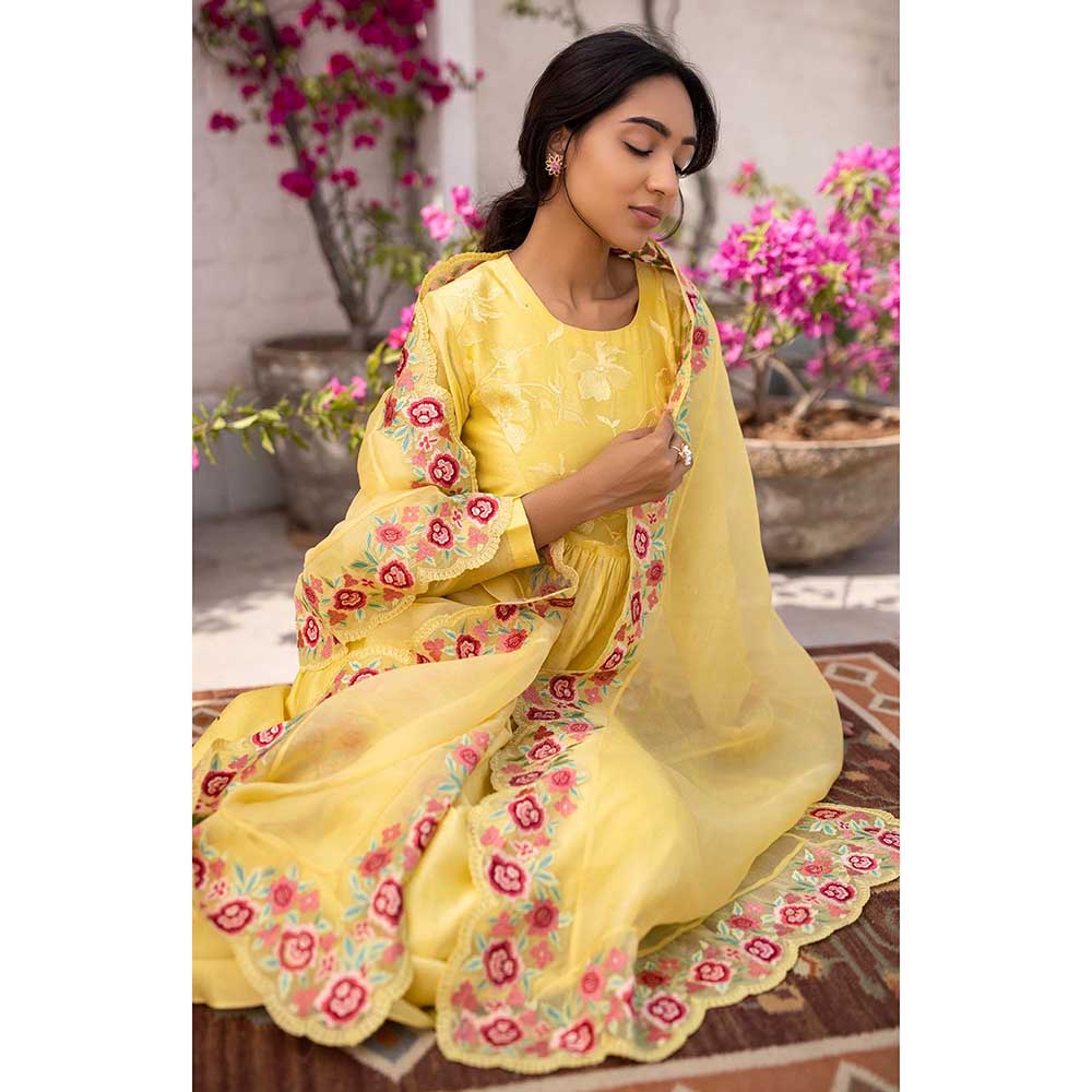 CHHAYA MEHROTRA Yellow Yati Kurta with Pant and Dupatta (Set of 3)