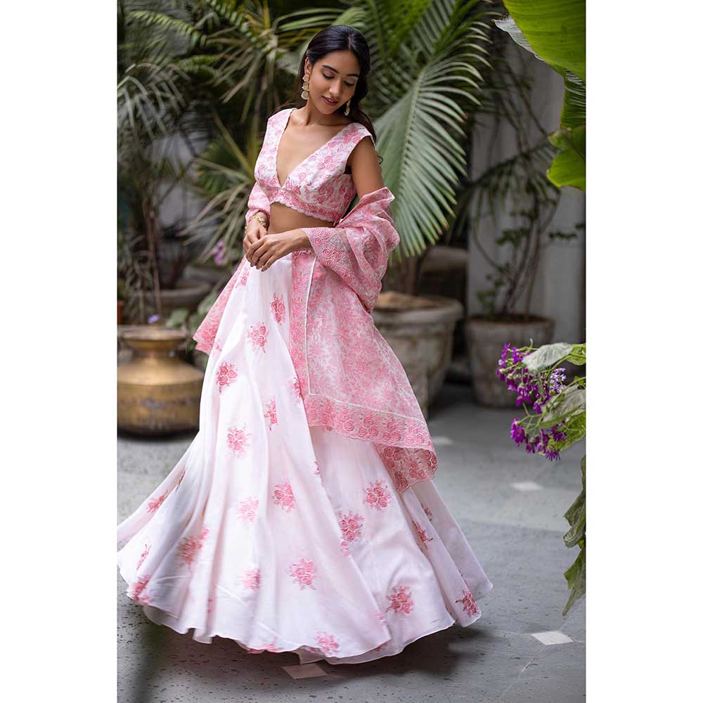 CHHAYA MEHROTRA Pink Etti Lehenga with Blouse and Dupatta (Set of 3)