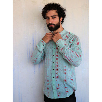 Chidiyaa Sea Green Chevron Block Printed Shirt