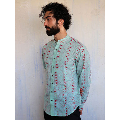 Chidiyaa Sea Green Chevron Block Printed Shirt