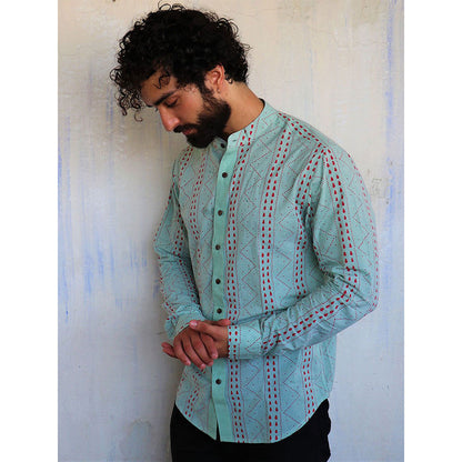Chidiyaa Sea Green Chevron Block Printed Shirt