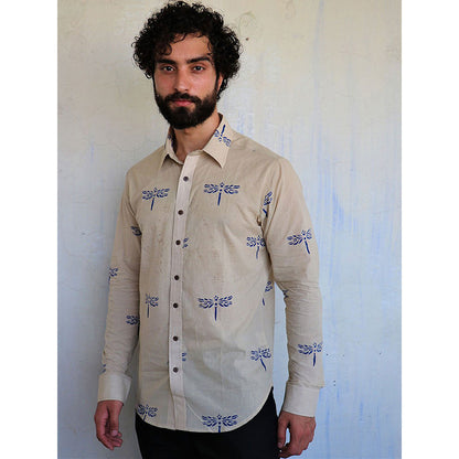 Chidiyaa Off White Dragonflly Block Printed Shirt