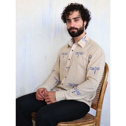 Chidiyaa Off White Dragonflly Block Printed Shirt