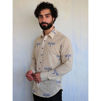 Chidiyaa Off White Dragonflly Block Printed Shirt