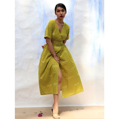 Chidiyaa SKD Parrot Green Handprinted V Neck Pure Cotton Dress