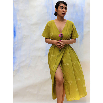 Chidiyaa SKD Parrot Green Handprinted V Neck Pure Cotton Dress