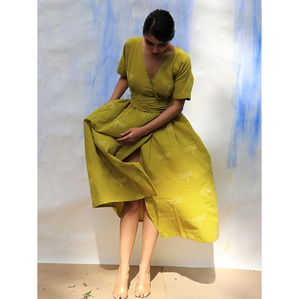 Chidiyaa SKD Parrot Green Handprinted V Neck Pure Cotton Dress