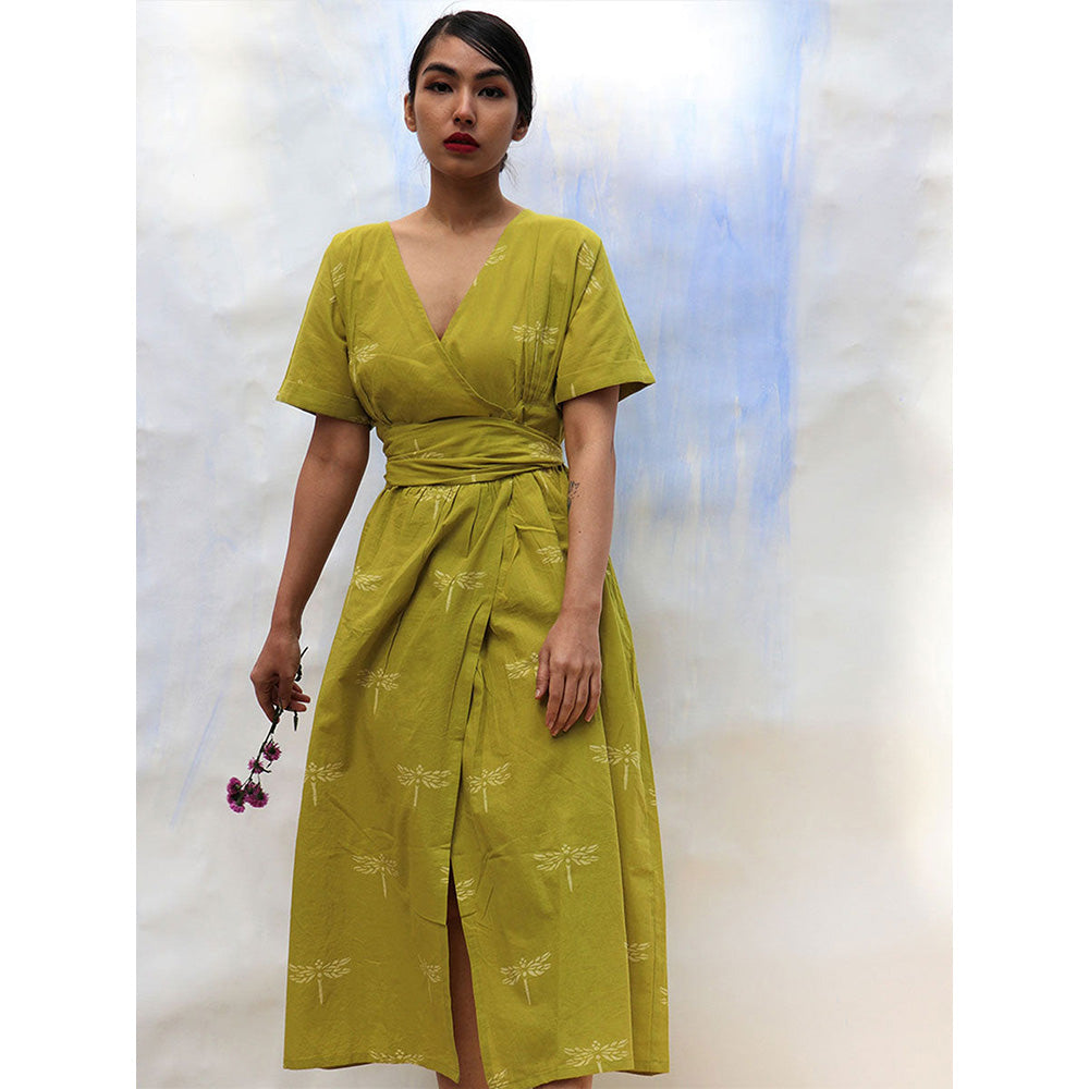 Chidiyaa SKD Parrot Green Handprinted V Neck Pure Cotton Dress