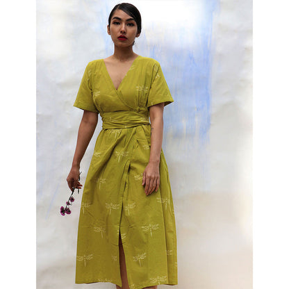 Chidiyaa SKD Parrot Green Handprinted V Neck Pure Cotton Dress