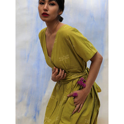 Chidiyaa SKD Parrot Green Handprinted V Neck Pure Cotton Dress