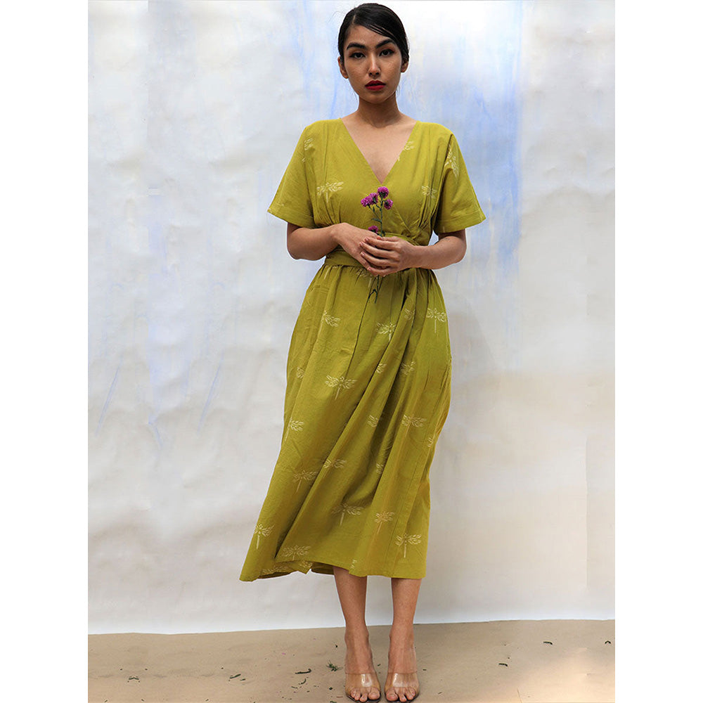 Chidiyaa SKD Parrot Green Handprinted V Neck Pure Cotton Dress