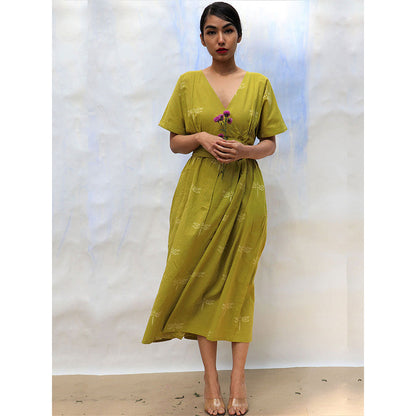 Chidiyaa SKD Parrot Green Handprinted V Neck Pure Cotton Dress