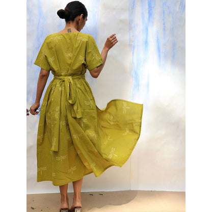 Chidiyaa SKD Parrot Green Handprinted V Neck Pure Cotton Dress