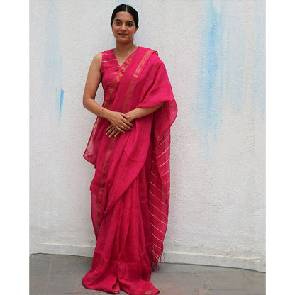 Chidiyaa Rani Pink Handwoven Linen Saree Everyday Beautiful with Unstitched Blouse