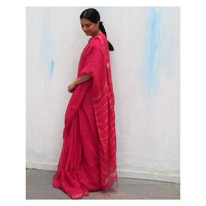 Chidiyaa Rani Pink Handwoven Linen Saree Everyday Beautiful with Unstitched Blouse