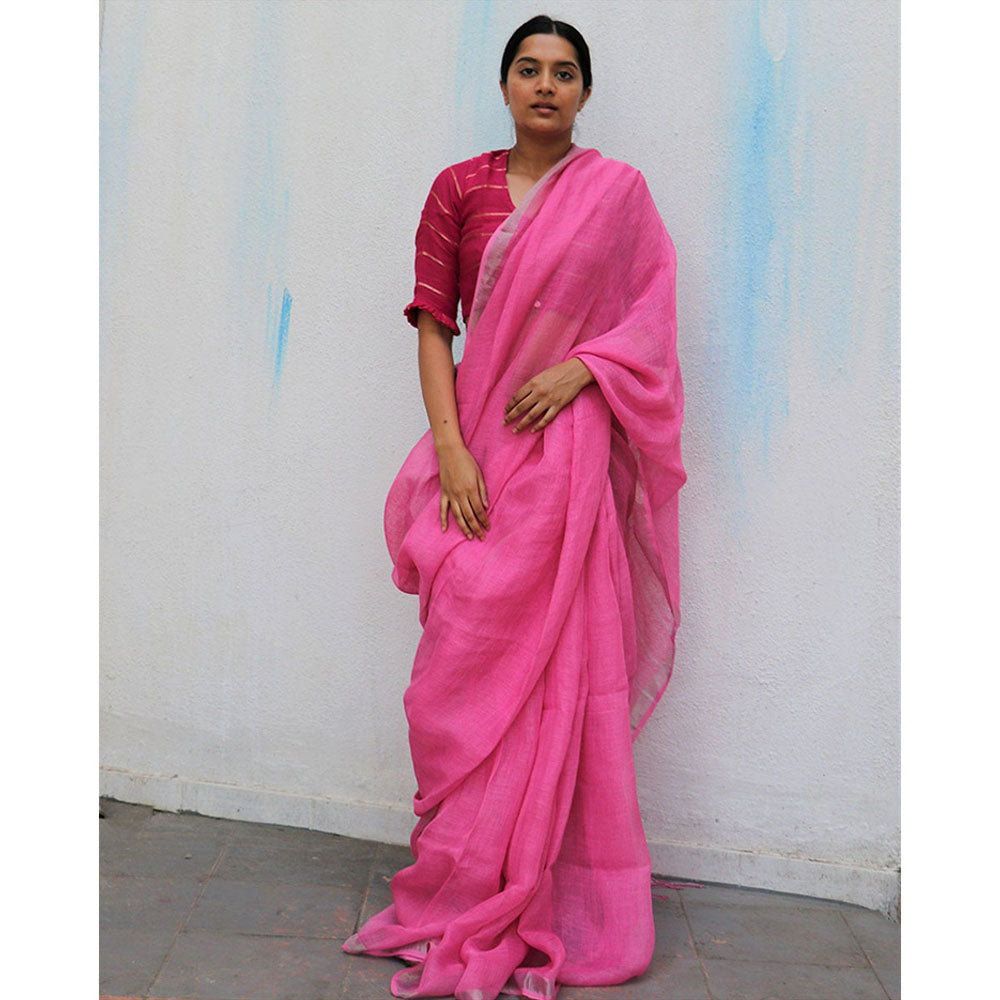 Chidiyaa Pink Handwoven Linen Saree Everyday Beautiful with Unstitched Blouse