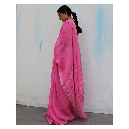 Chidiyaa Pink Handwoven Linen Saree Everyday Beautiful with Unstitched Blouse