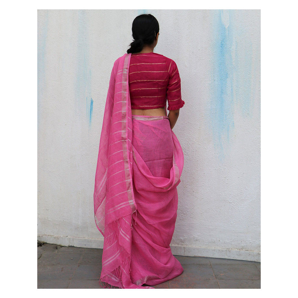 Chidiyaa Pink Handwoven Linen Saree Everyday Beautiful with Unstitched Blouse