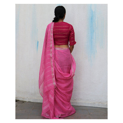 Chidiyaa Pink Handwoven Linen Saree Everyday Beautiful with Unstitched Blouse