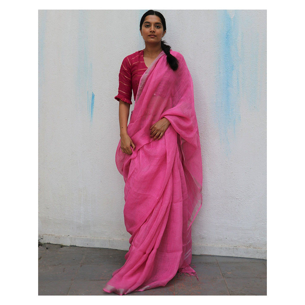 Chidiyaa Pink Handwoven Linen Saree Everyday Beautiful with Unstitched Blouse