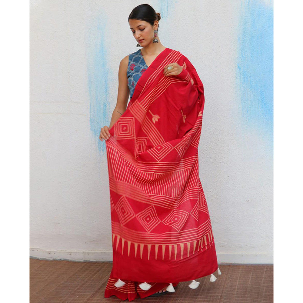 Chidiyaa Crimson Cotton Saree Fmtm with Unstitched Blouse