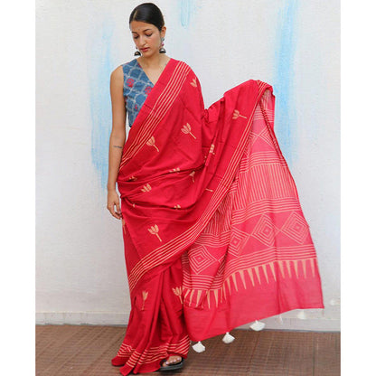 Chidiyaa Crimson Cotton Saree Fmtm with Unstitched Blouse