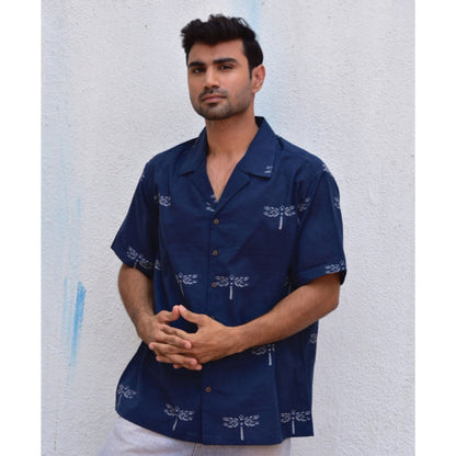 Chidiyaa Jilibi Dragonfly In Blue Hand Block Printed Pure Cotton Shirt