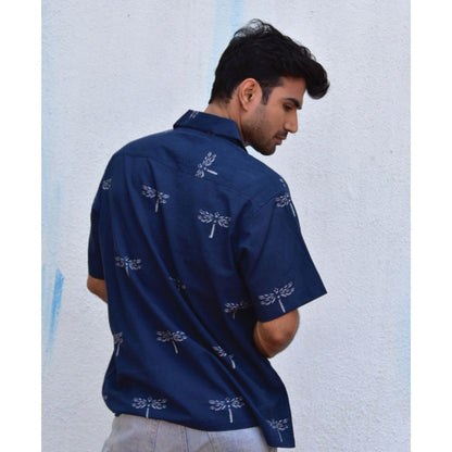 Chidiyaa Jilibi Dragonfly In Blue Hand Block Printed Pure Cotton Shirt