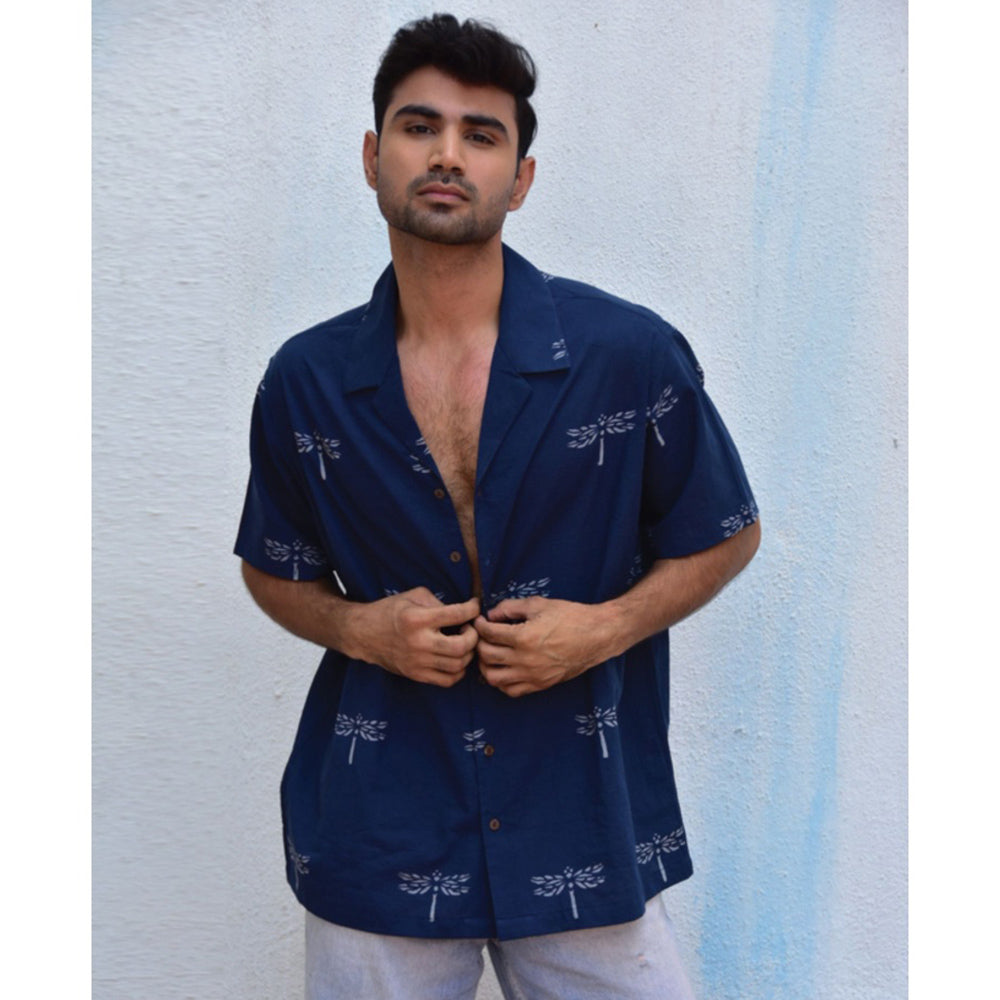 Chidiyaa Jilibi Dragonfly In Blue Hand Block Printed Pure Cotton Shirt
