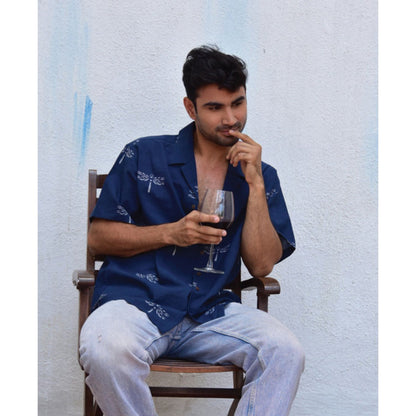 Chidiyaa Jilibi Dragonfly In Blue Hand Block Printed Pure Cotton Shirt