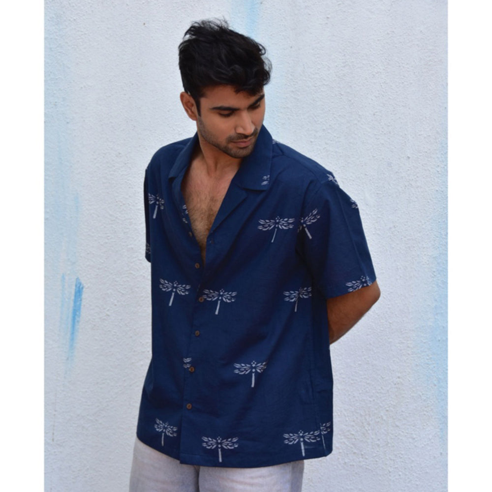Chidiyaa Jilibi Dragonfly In Blue Hand Block Printed Pure Cotton Shirt
