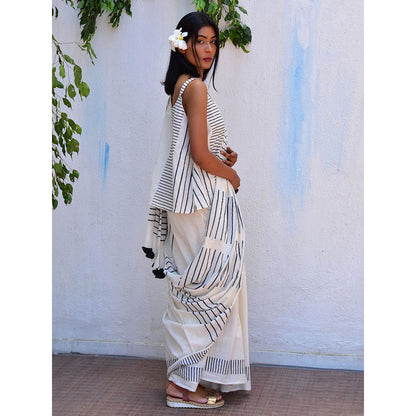 Chidiyaa Vanilla Moon Pearl Essence Handblock Printed Mulmul Cotton Saree with Unstitched Blouse