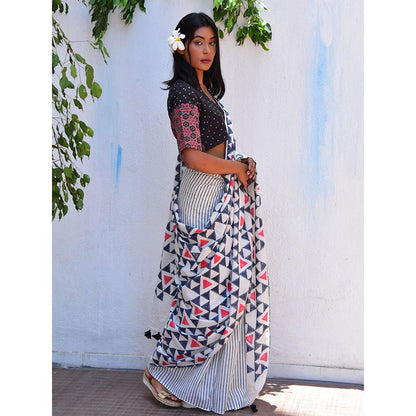 Chidiyaa Vanilla Moon Twilight Sparkle Handblock Printed Mulmul Cotton Saree with Unstitched Blouse