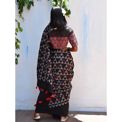 Chidiyaa Vanilla Moon Mystic Opal Handblock Printed Mulmul Cotton Saree with Unstitched Blouse