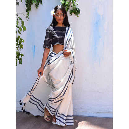 Chidiyaa Vanilla Moon Pearl Mist Handblock Printed Mulmul Cotton Saree with Unstitched Blouse