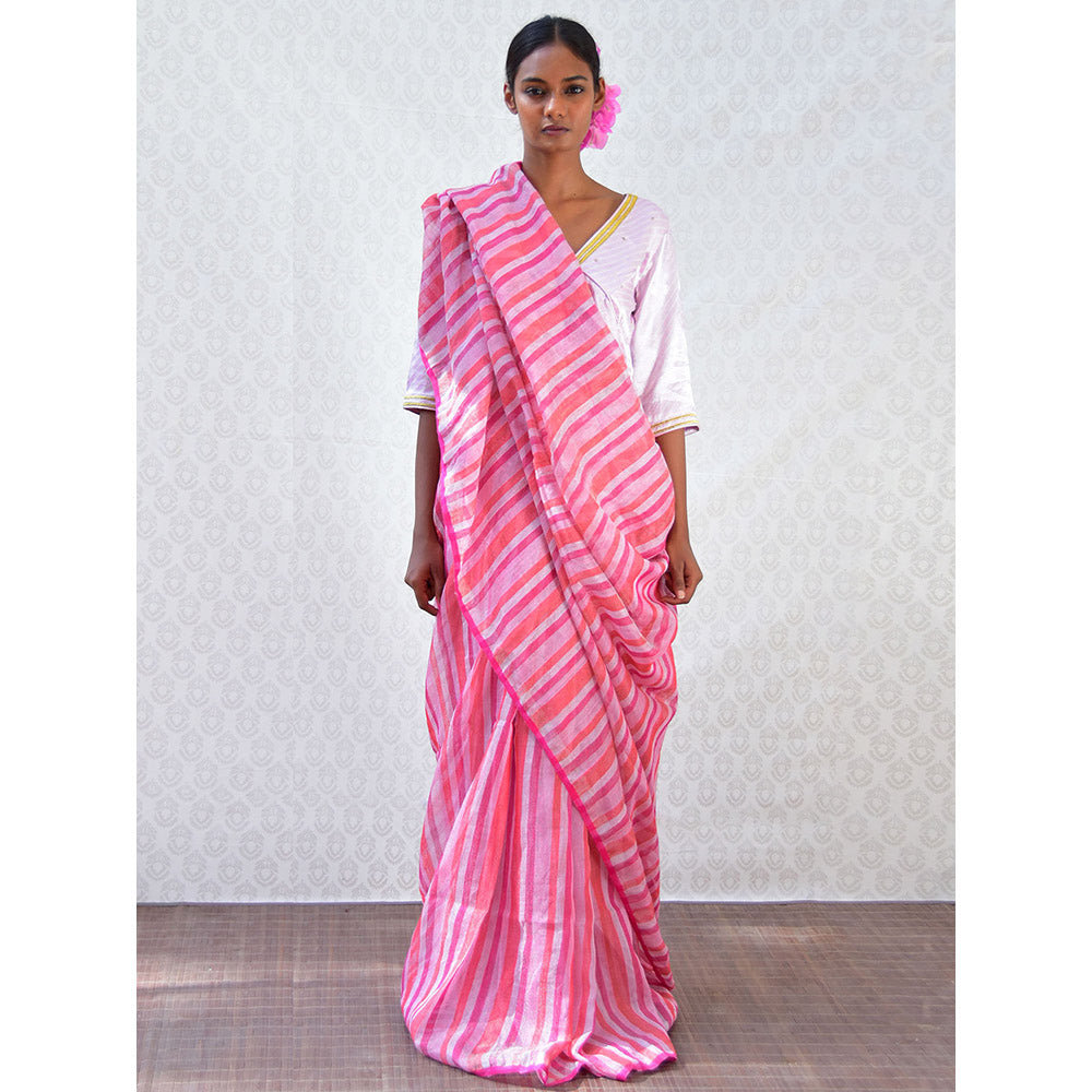 Chidiyaa Bougainvillea Fuchsia Burst Handwoven Stripes Linen Saree with Unstitched Blouse