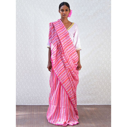 Chidiyaa Bougainvillea Fuchsia Burst Handwoven Stripes Linen Saree with Unstitched Blouse