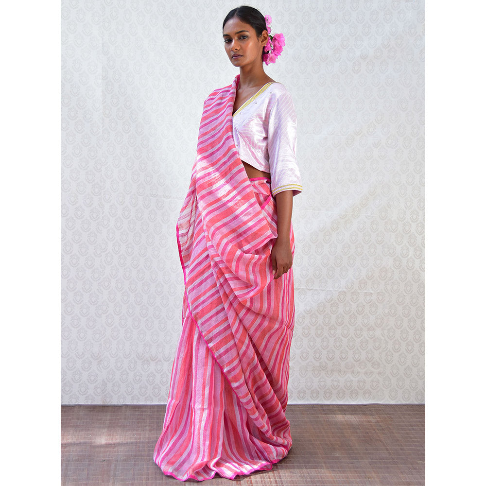 Chidiyaa Bougainvillea Fuchsia Burst Handwoven Stripes Linen Saree with Unstitched Blouse