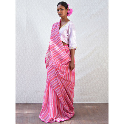 Chidiyaa Bougainvillea Fuchsia Burst Handwoven Stripes Linen Saree with Unstitched Blouse