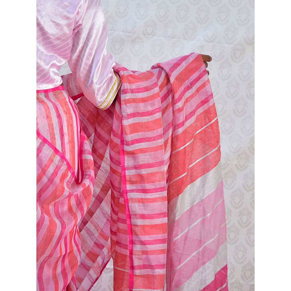 Chidiyaa Bougainvillea Fuchsia Burst Handwoven Stripes Linen Saree with Unstitched Blouse