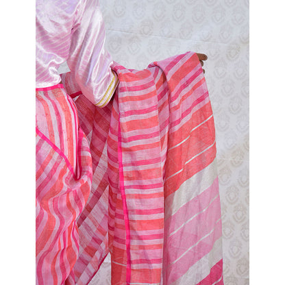 Chidiyaa Bougainvillea Fuchsia Burst Handwoven Stripes Linen Saree with Unstitched Blouse