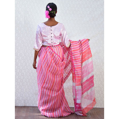 Chidiyaa Bougainvillea Fuchsia Burst Handwoven Stripes Linen Saree with Unstitched Blouse