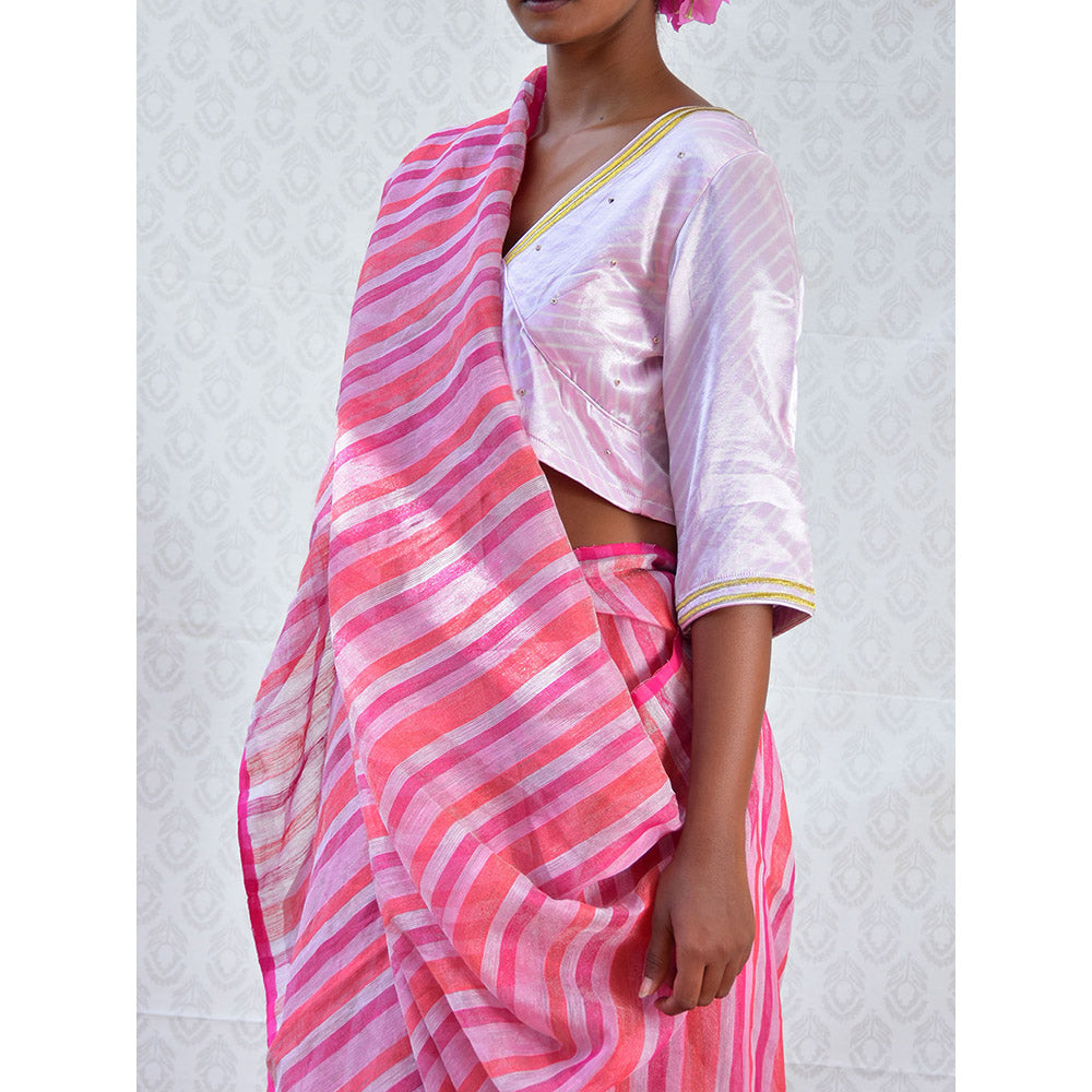 Chidiyaa Bougainvillea Fuchsia Burst Handwoven Stripes Linen Saree with Unstitched Blouse